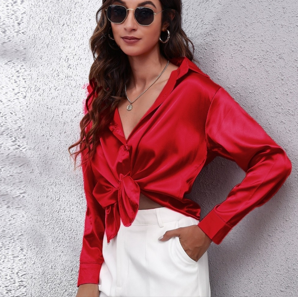 Red Collared Neck Buttoned Long Sleeve Shirt
